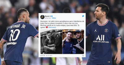 Neymar says goodbye to Lionel Messi at PSG