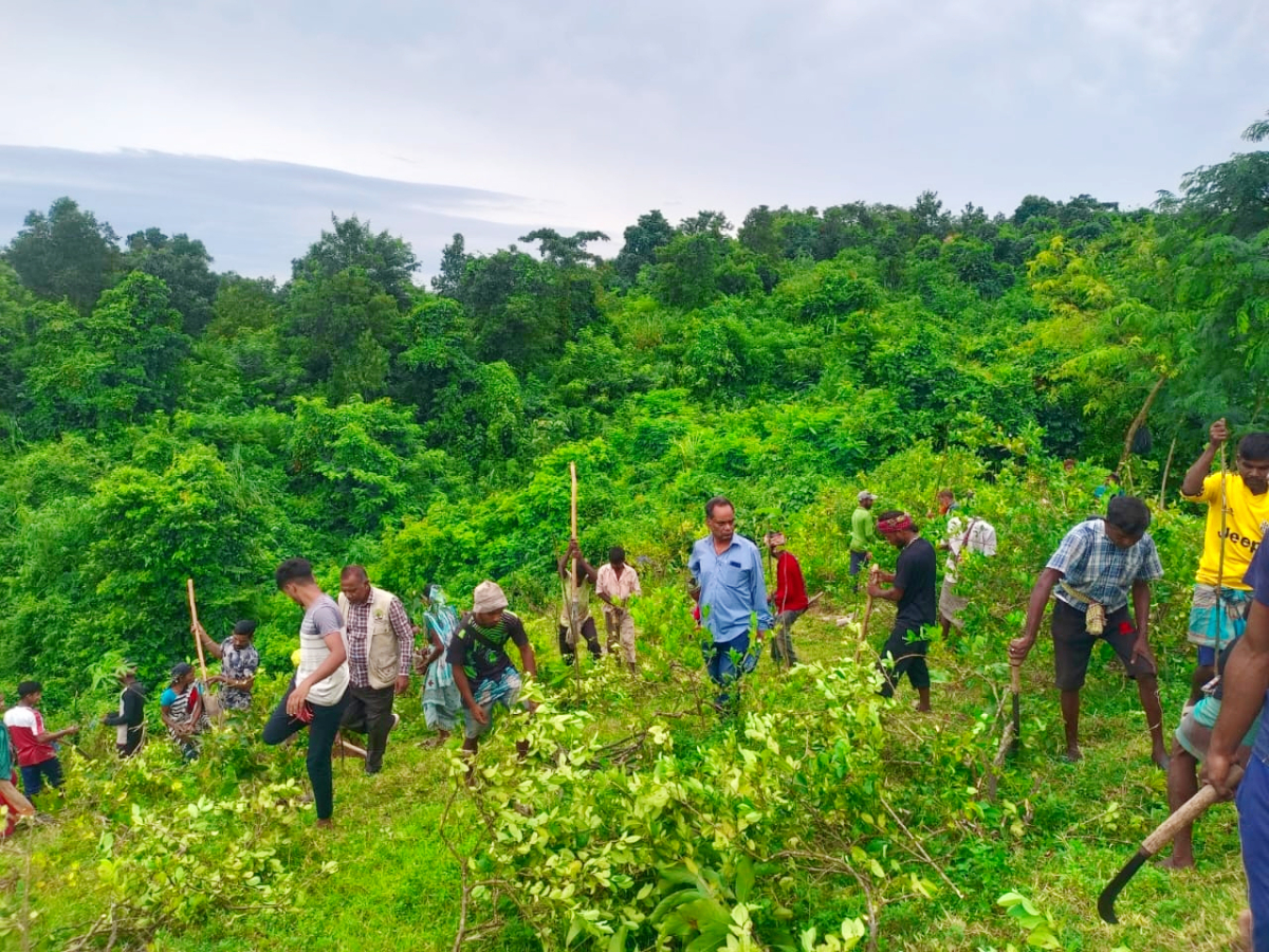 লাউয়াছড়া জাতীয় উদ্যানের স্টুডেন্ট ডরমিটরির সামনে লাউয়াছড়ার জায়গা উদ্বারে অভিযান। ছবি আই নিউজ